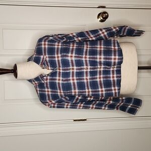 American Eagle Blue Brown White Plaid Cropped Flannel Shirt Size M NWOT